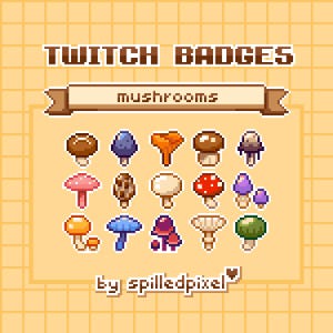 cogumelos | Emblemas de inscrição para Twitch | ativos de streaming pré-fabricados | pixelart fofo |