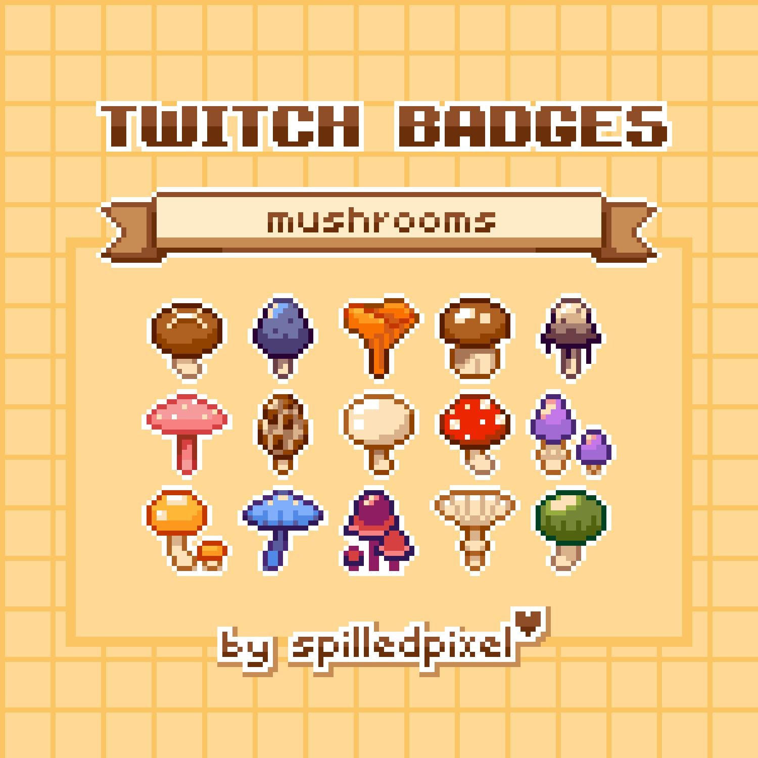 mushrooms | Sub Badges for Twitch | premade streaming assets | cute pixelart |