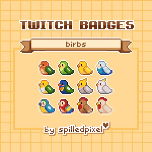 vogels | Subbadges voor Twitch | kant-en-klare streamingitems | schattige pixelart |