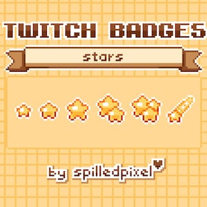 Può includere: Un set di badge Twitch in pixel art che presentano stelle di varie dimensioni e una singola stella con un pennello. Il testo "stars" è visualizzato sopra i badge. Il testo "by spilledpixel" è visualizzato sotto i badge.