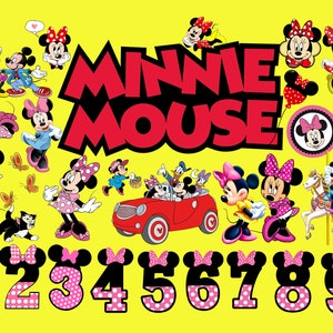 Paquete grande de Minnie Mouse SVG y PNG Clipart / Imprimible lindo para la gran fiesta de cumpleaños de Minnie Mouse, adorno para pastel de Minnie Mouse, números de Minnie