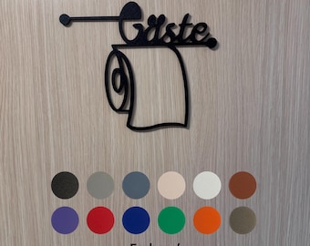Letrero para puerta de baño “WC de invitados” Pintado con papel higiénico - Personalizable y disponible en diferentes colores, impreso en 3D en plástico orgánico