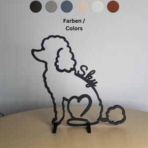 線画で描かれたプードルのパーソナライズ像 - 犬の名前を3D彫刻として彫刻 - プードルとプードルの飼い主のためのバイオプラスチック製のモダンなアート作品