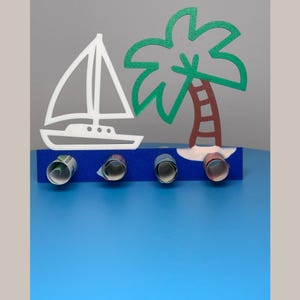 Geschenk van geld voor reizen. Prachtig met zeilboot en palma en eiland in kleur - met 4 vakjes voor bankbiljetten. Gemaakt van organisch plastic