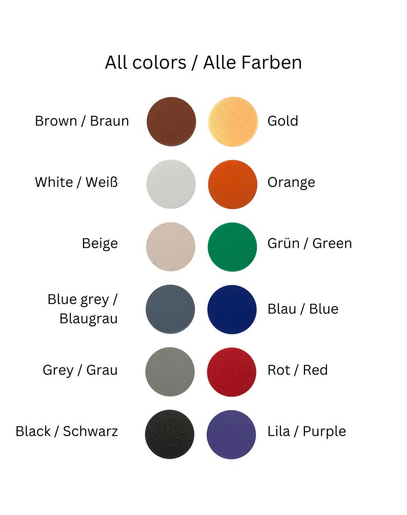 May include: A chart showing different colors with their names in both English and German. The colors include brown, gold, white, orange, beige, green, blue grey, blue, grey, red, black, and purple.
