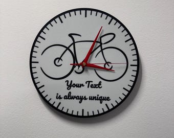 Bicycle Wall Clock with Custom Text – Personalized Gift for Cyclists: Black wall clock with bicycle line art and text