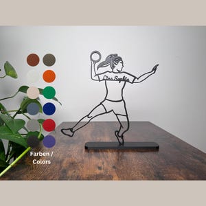 Female Handball player personalized as a line art statue - the perfect gift for female handball players. 3D printed in BIO plastic