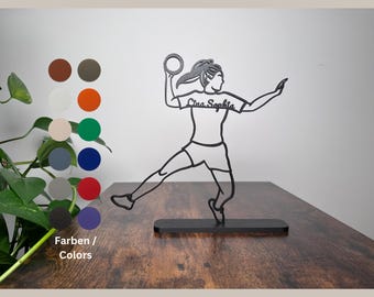 Female Handball player personalized as a line art statue - the perfect gift for female handball players. 3D printed in BIO plastic