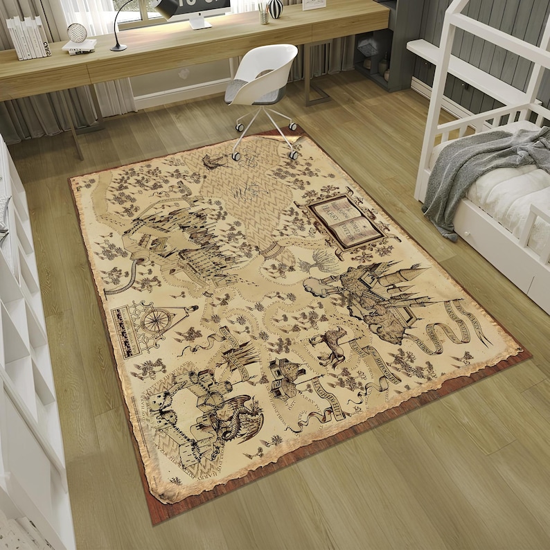 May include: A rectangular area rug with a vintage map design in shades of beige and brown. The rug features detailed illustrations of landmarks, scrolls, and text, creating a classic, aged aesthetic. The rug is placed on a wooden floor.