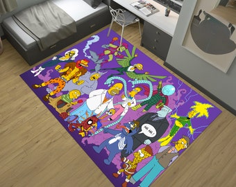 May include: A purple rug with a cartoon design featuring characters from The Simpsons and Spider-Man. The rug features a variety of characters, including Homer Simpson, Spider-Man, and Venom. The rug is perfect for adding a touch of fun to any room.