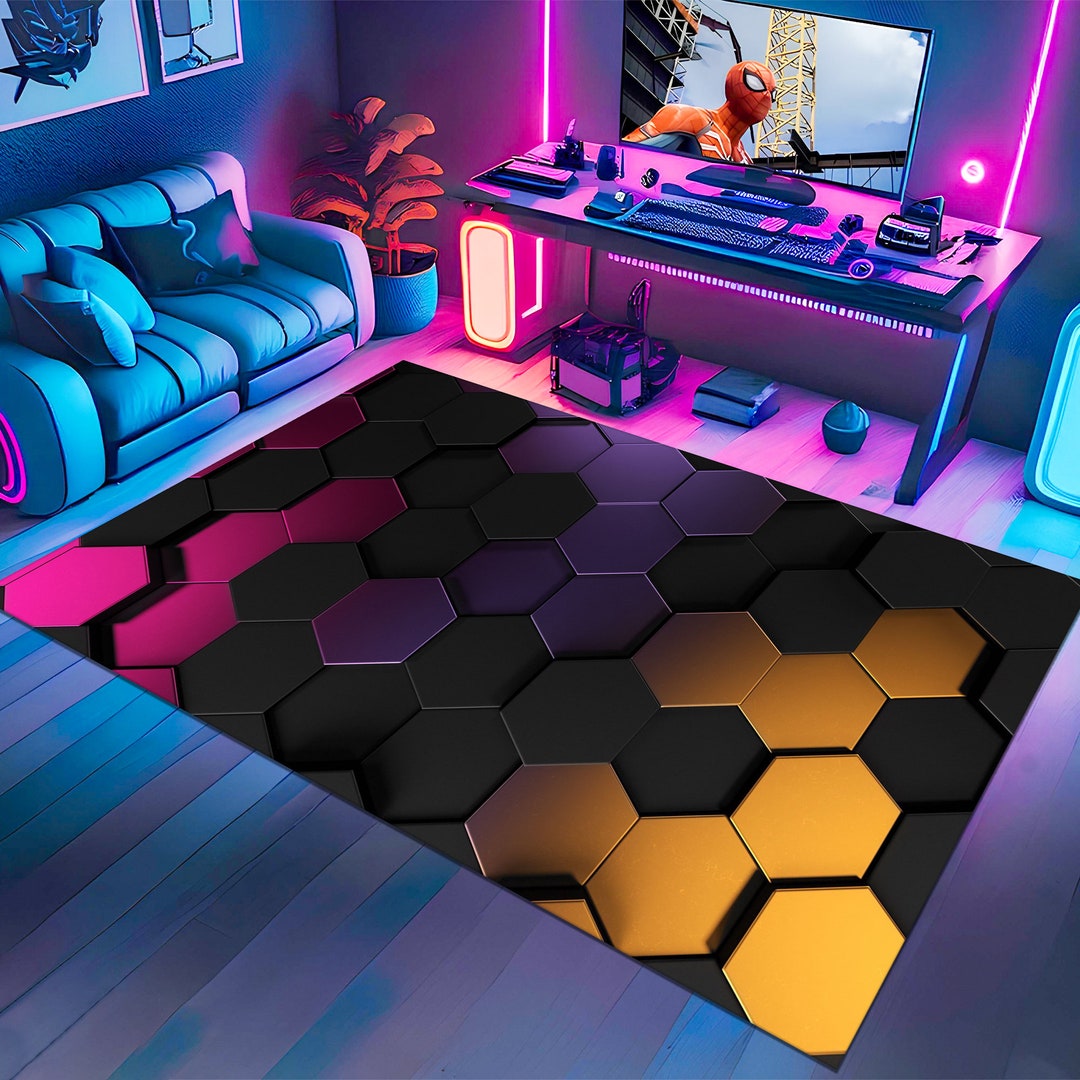 Rgb Gaming Rug Colorful Hexagon Rug,gamer Rug,gaming Rug,game Rug,geometric Rug,play ...