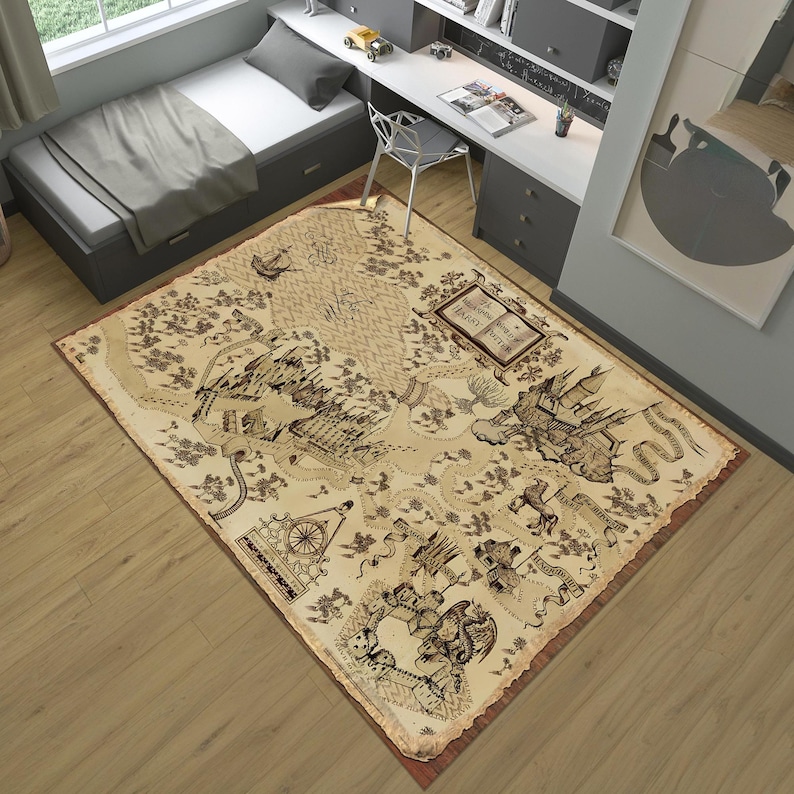 May include: A rectangular rug with a map design in shades of beige and brown. The map features illustrations of castles, ships, and other fantasy elements. The rug has a distressed, vintage look.