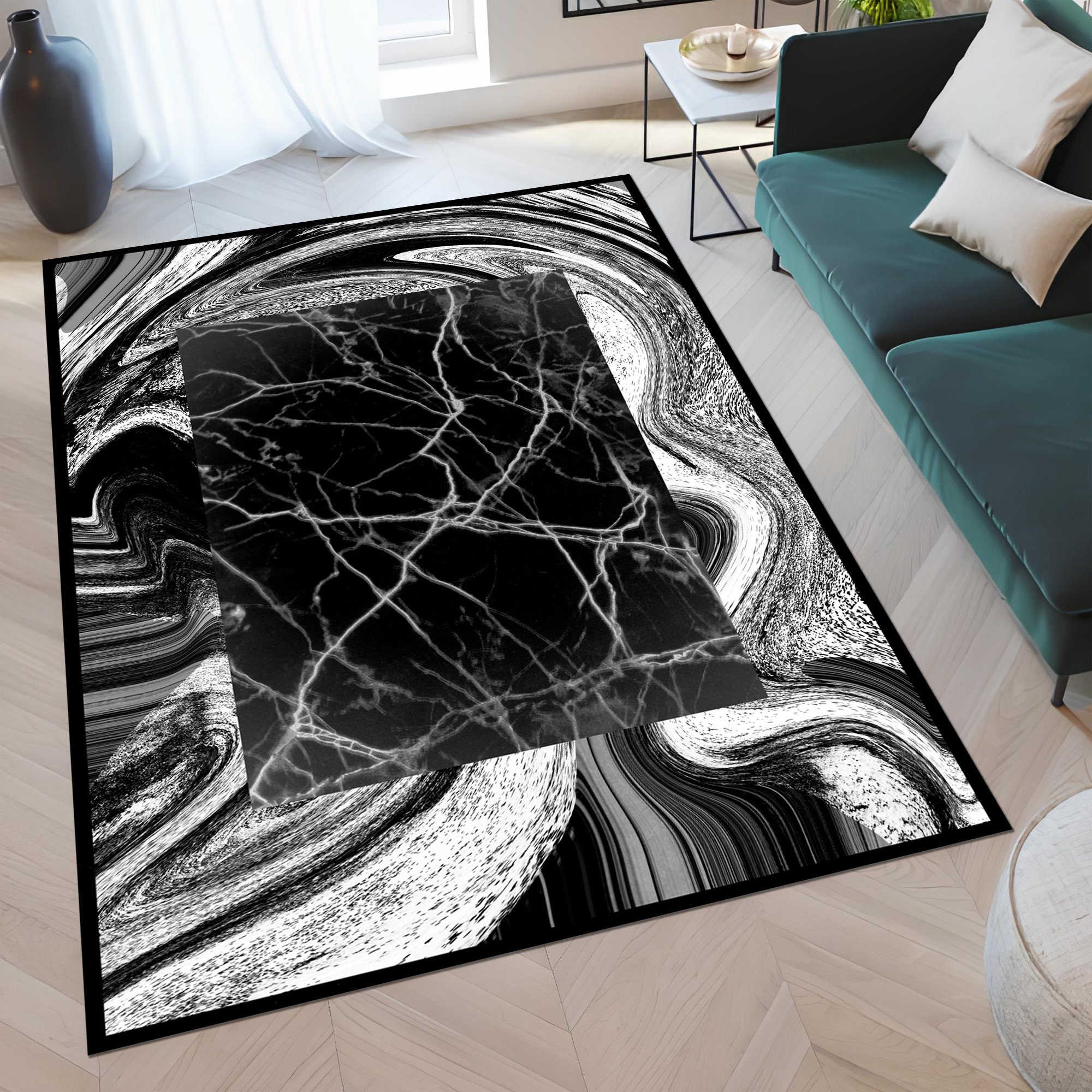 Black Rug, Black Marble Rug, Marble Rug, Pattern Rug, Modern Rug ...