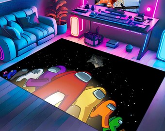 Könnte beinhalten: Ein schwarz-weißer Teppich mit einem Weltraumhintergrund und einer Reihe von bunten Among Us-Charakteren, die über den Teppich laufen. Die Charaktere sind rot, gelb, lila, blau und grün.