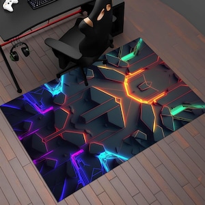 Alfombra con aspecto neón, alfombra de colores neón, alfombra para gamers, alfombra para deportes electrónicos, alfombra para juegos, alfombra geométrica, alfombra para sala de juegos, decoración neón, alfombra personalizada.