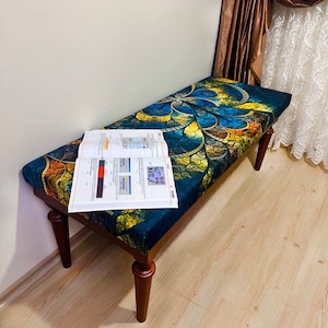Golden-Blue, Handmade Furniture, Upholstered Bench, Coffee Table Bench, Mid Table, Piano Bench, Vanity Bench, Kitchen Chair, Entryway Bench,
