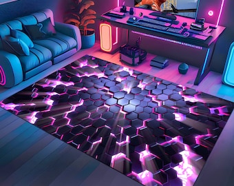 Gamer Rug,Gaming Rug,Game Rug,Geometric Rug,Colorful Rug,Play Room Rug,Neon Decor,Custom Rug,Neon Look Rug,E-Sport Rug,Area Rug,Gaming Gifts