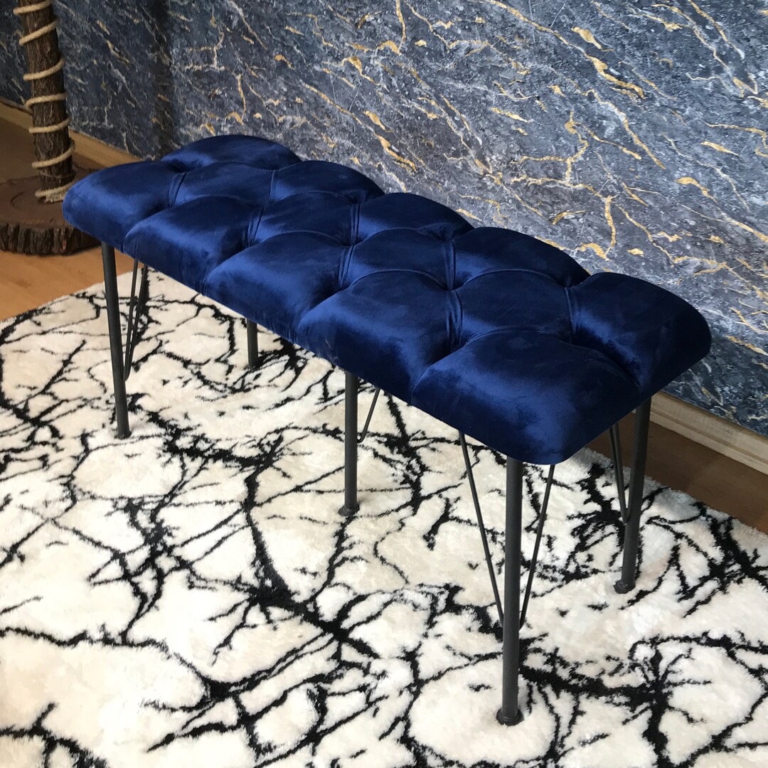 Blue Fabric, Bench, Metal or Wooden Bench, Handmade Pouffe, Hallway ...