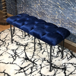 Blue fabric, Bench, Metal or wooden bench, Handmade Pouffe, Hallway Seat, Retro bench, Special Patterned Bench, Home Decoration,
