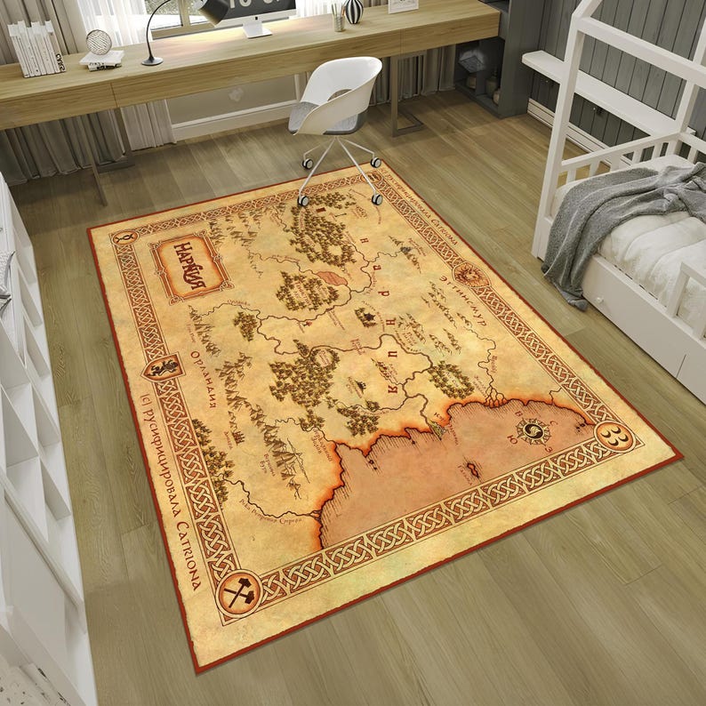 May include: A vintage-style map rug featuring a detailed illustration of the fictional land of "Harad" from the Lord of the Rings. The rug is beige with brown and red accents and has a decorative border.