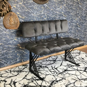 Backrest bench in Grey Color, Bench, Metal or wooden bench, Handmade Pouffe, Hallway Seat, Retro bench, Special Patterned Bench, Decoration