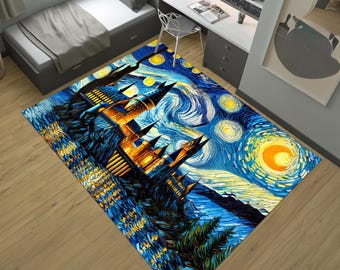 Starry Night Hogwarts Castle, Vincent Van Gogh Digital Print, Fantasy World Canvas, Movie Poster, School of Witchcraft and Wizardry Map