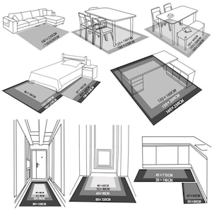 May include: Diagram showing different rug sizes for various rooms, including a living room, bedroom, dining room, office, hallway, and kitchen. The rug sizes are listed in inches.