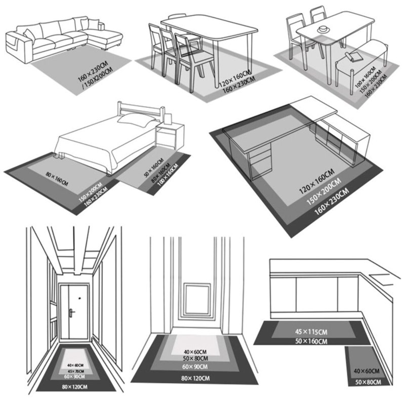 May include: Diagram showing different rug sizes for various rooms, including a living room, bedroom, dining room, office, hallway, and kitchen. The rug sizes are listed in inches.