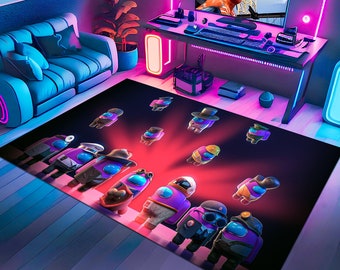 Könnte beinhalten: Ein schwarzer und roter Teppich mit einem Design aus lila und pinkfarbenen Figuren aus dem Videospiel Among Us. Die Figuren sind in verschiedenen Posen und von einem roten Schein umgeben.