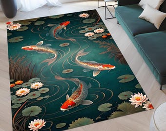 Koi Fish Area Rug, Ying Yang Koi Fish Rug, Koi Fish Rug, Japanese Decor Rug, Turkish Rug With Japanese Symbolism Of Prosperity And Good Luck