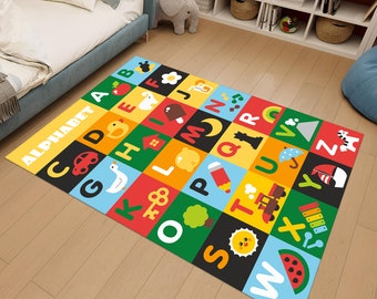 May include: A colourful alphabet play mat featuring a range of illustrations, including a car, a duck, a house, a bear, a train, a watermelon, and a sun. The mat is made from soft, durable material and is ideal for children to learn their letters and numbers.