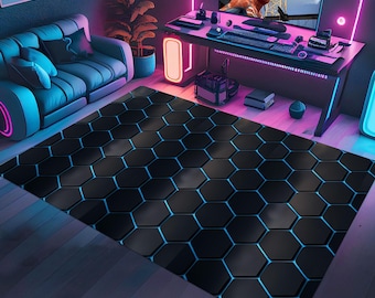 Colorful Hexagon Rug, Gamer Rug, Gaming Rug, Game Rug, Geometric Rug, Play Rug, Game Room Rug, Game Decor, Custom Rug, Neon Rug, Area Rugs,