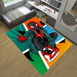 May include: A colorful rug with a comic book style design featuring a superhero in a red and black suit. The superhero is wearing a green jacket and red sneakers. The rug has a white background with green, blue, and orange accents.