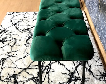 Green fabric, Bench, Metal or wooden bench, Handmade Pouffe, Hallway Seat, Retro bench, Special Patterned Bench, Home Decoration,