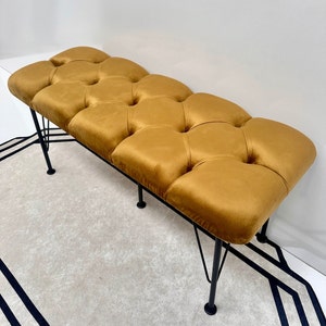 Gold fabric, Bench, Metal or wooden bench, Handmade Pouffe, Hallway Seat, Retro bench, Special Patterned Bench, Home Decoration,