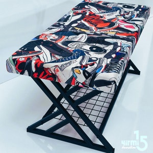 Sneaker Pattern, Bench, Metal or wooden bench, Handmade Pouffe, Hallway Seat, Retro bench, Special Patterned Bench, Shoe Room Bench,