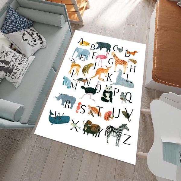 Educational Play Rug, Tutorial Rug, Animals Alphabet Rug,Kids Rug,Play Mat,Nursery Rug,Colorful Rug,Area Rug,Nursery Decor,Gift for Kids