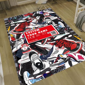 Alfombra con zapatillas deportivas, alfombra personalizada, alfombra personalizada, alfombra urbana moderna, alfombra decorativa con zapatillas deportivas, arte con zapatillas deportivas, alfombra urbana de moda, alfombra de área, habitación con zapatos