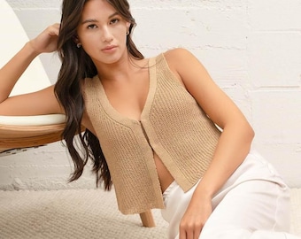 Dina Front Hook + Eye Knit Sweater Vest | Women's V-Neck Tank | Beige Tan Neutral Spring and Summer Top