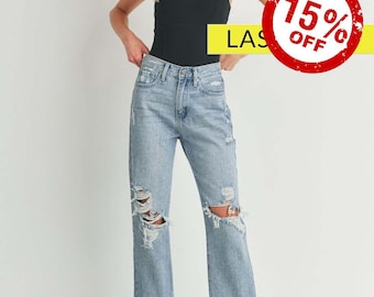 Blake High Rise Distressed Dad Jean | Denim | Wide Leg | Women's Fall Bottoms | Light Wash