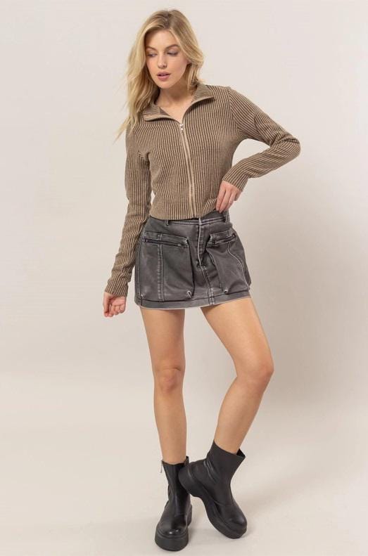 Carla Striped Zip-up Knit Top | Front Zipper | Taupe Tan Beige