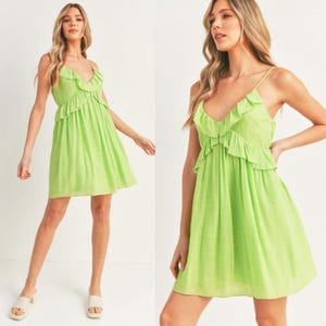Alyse Ruffle Mini Dress | Lime Green Women&#39;s Dress | Trendy Vacation Summer Sundress | V-Neck Colorful Wedding Event Dress