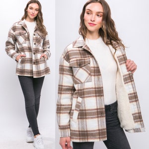 Leighton Plaid Sherpa Lined Shacket Cocoa Plaid Brown White Beige Fall  Jacket Layering Jacket Wool Jacket 