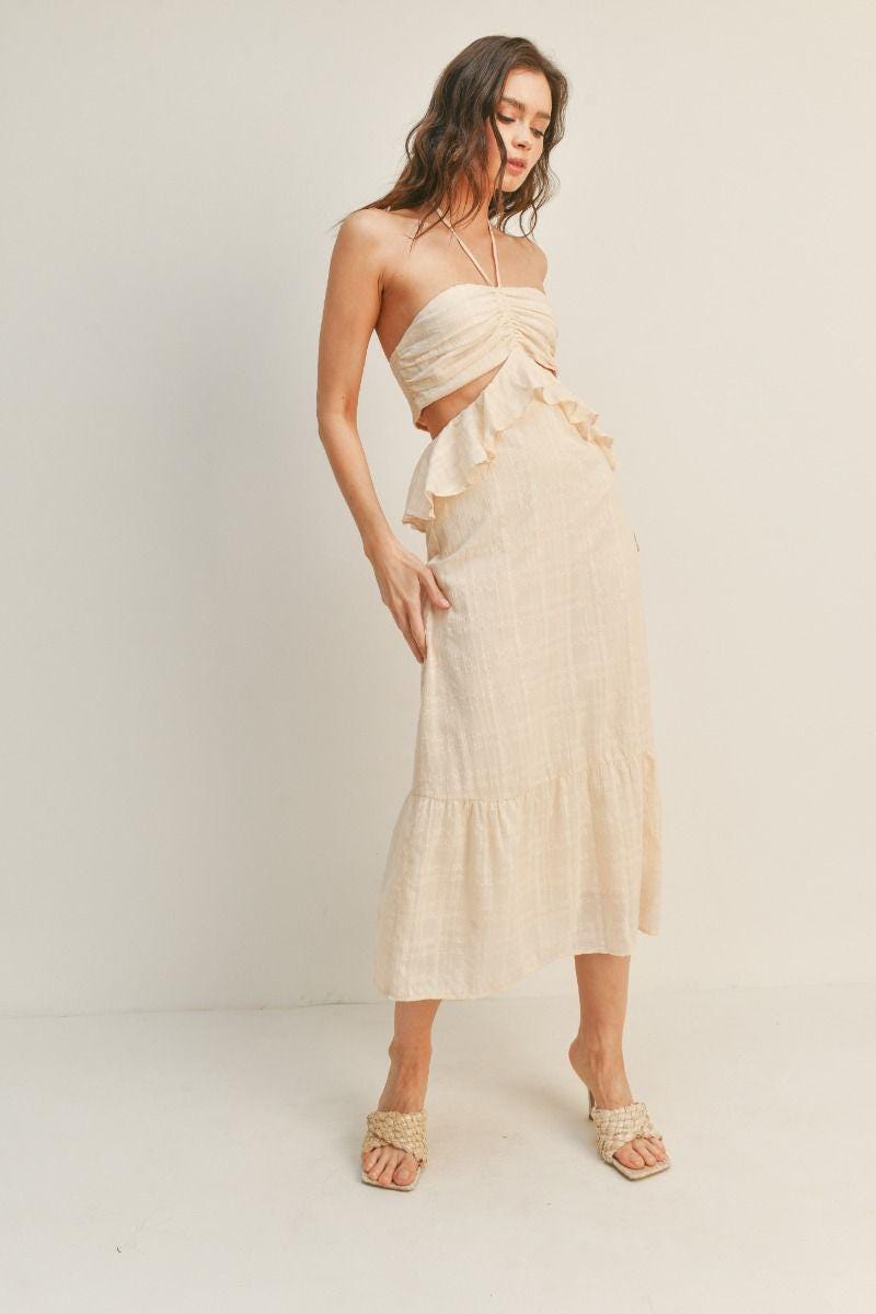 halter dress beige Allegra Beige Sparkle Halter Dress – Annabel main image 0