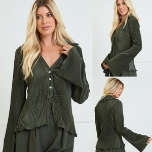 Cecily Plisse Lettuce Hem Button Down Top | Olive Green Polyester Long Sleeve V-Neck Top