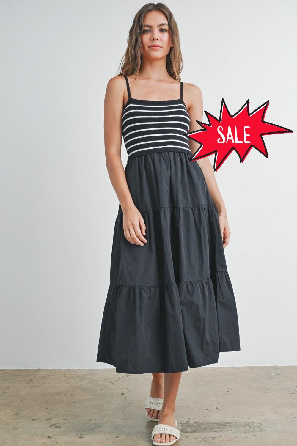 white christmas dresses MO&Co. Noir Striped Linen Maxi Tank Dress - Distressed Collar main image 0