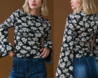 Brielle Jacquard Knit Sweater | Black Ivory Bell Sleeve Top | Fall Sweater