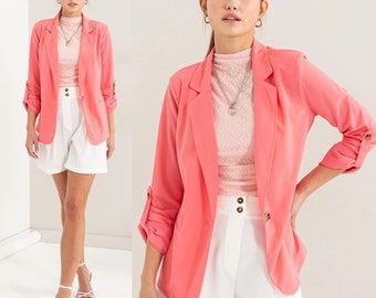 Emma Roll-Up Sleeve Knit Blazer | Coral Spring Open Front Blazer | Trendy Knit Flattering Blazer