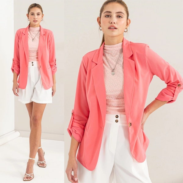 Emma Roll-Up Sleeve Knit Blazer | Coral Spring Open Front Blazer | Trendy Knit Flattering Blazer