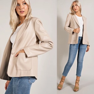 Monet Faux Leather Blazer | Tan Leather Blazer | Beige Faux Leather Jacket | Neutral Winter Style | Open Front Cream Blazer